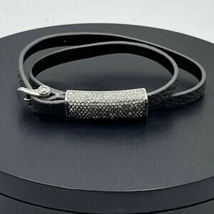 Henri Bendel Rivington Pebbled Grey Leather and White Crystal Pave Wrap Bracelet